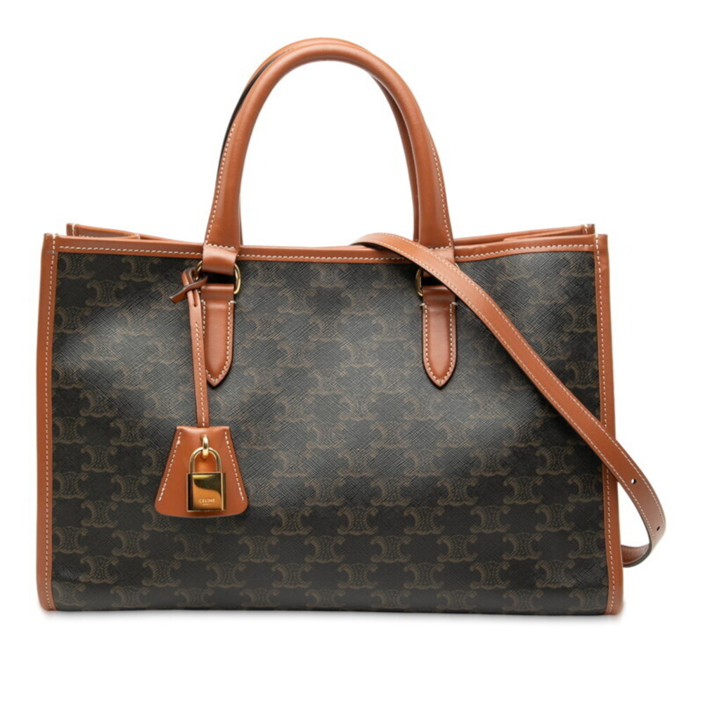 Celine Triomphe Horizontal Cabas Shoulder Handbag Black Brown Leather